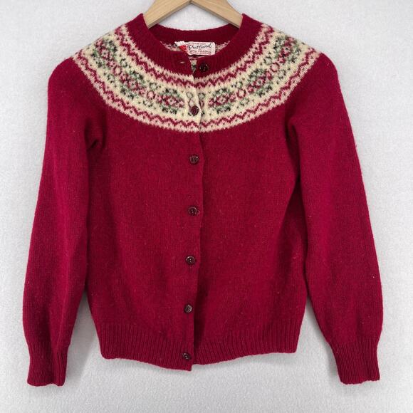 John Tulloch Sweaters - JOHN TULLOCH Sweater Womens XS Shetland 100% Wool Fair Isle Cardigan Red VTG